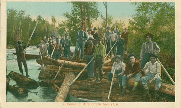 Vintage colorized postcard of men logging on a river