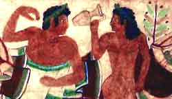 Etruscan wall painting in "Tarquinia Tomb of the Leopards"